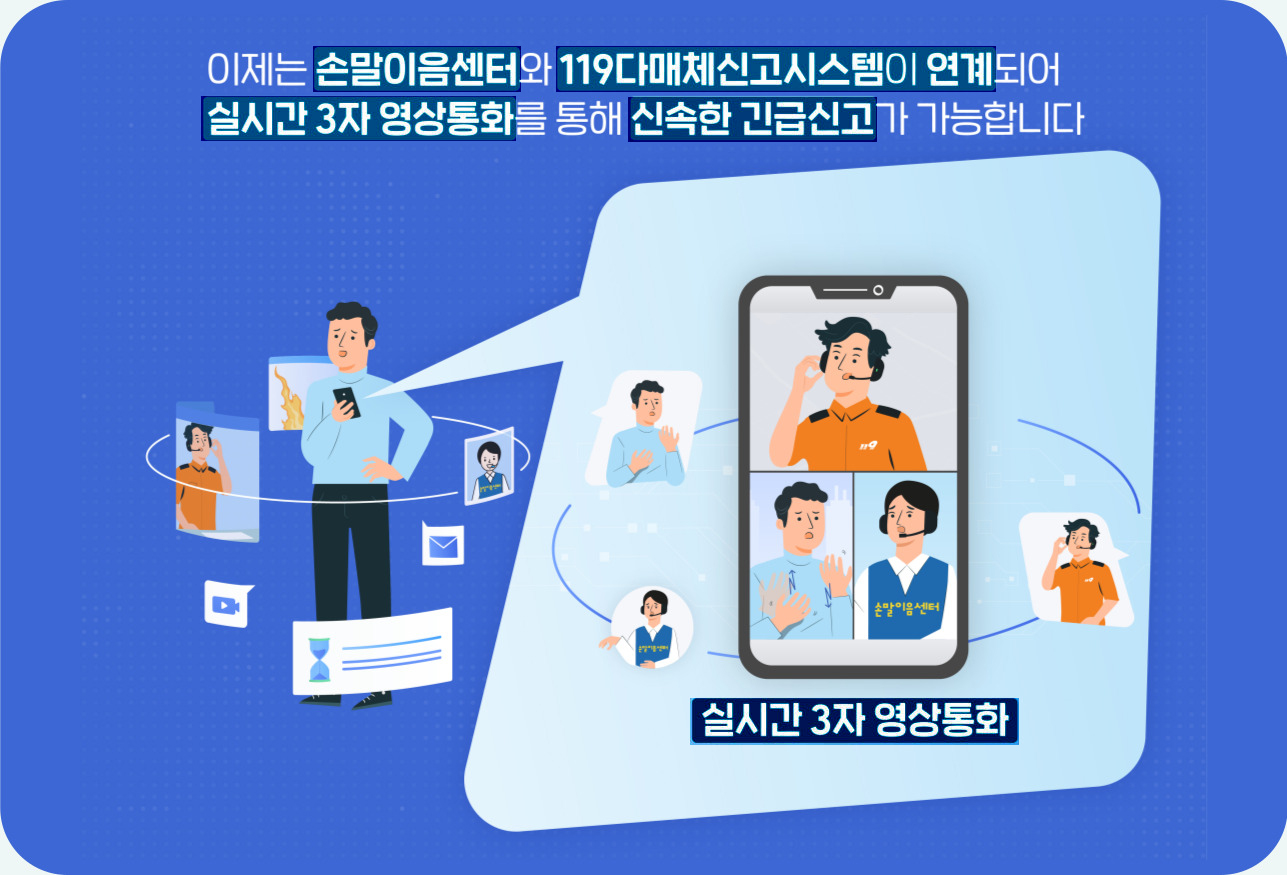 이제는 손말이음센터와 119다매체신고시스템이 연계되어 실시간 3자 영상통화를 통해 신속한 긴급신고가 가능합니다